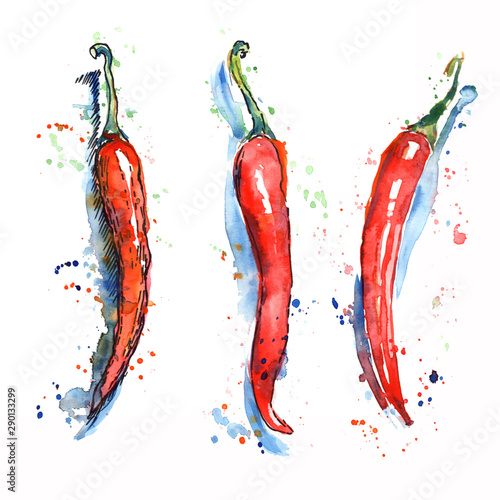 3 red chillies with shadow on a white background.  Hand painted in watercolor. photo