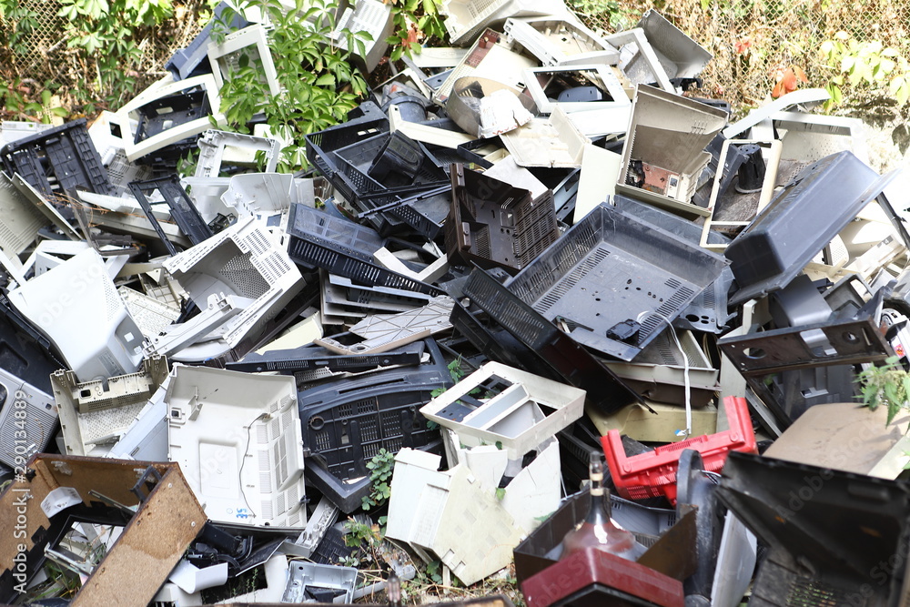 Garbage, old office equipment. Electronic waste devices consist of a