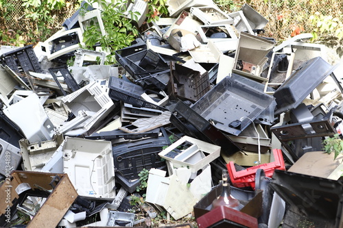 Garbage, old office equipment. Electronic waste devices consist of a monitor, a printer, a desktop computer and a fax for reuse. Plastic, copper, glass can be reused, recycled or recycled.