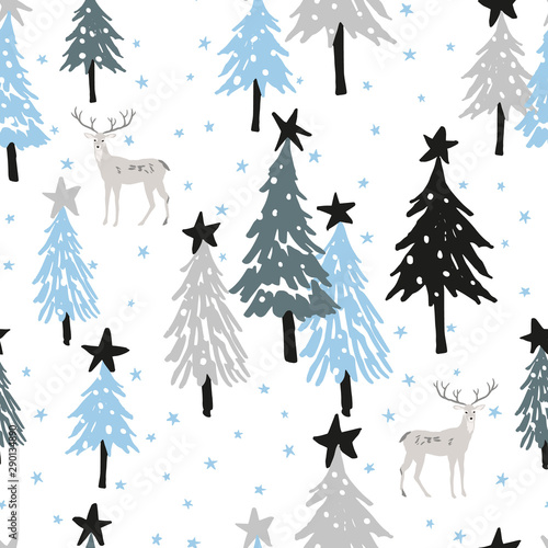 Christmas seamless pattern, white background with stars. Forest deer, fir, spruce trees. Vector illustration. Nature design. Season greeting. Winter Xmas holidays. Cute woodland animals