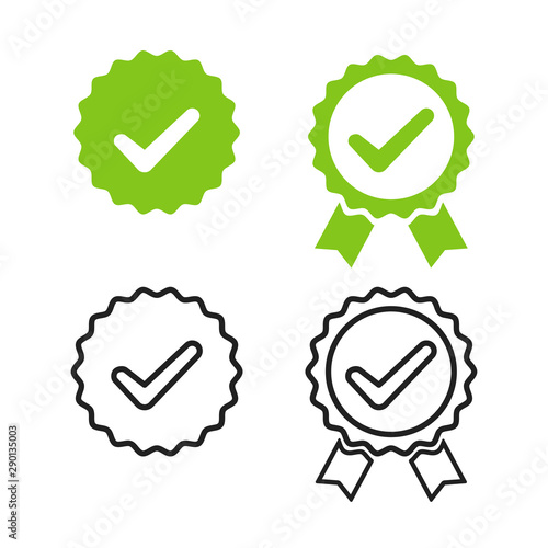 Checkmark medal for banner design. Isolated vector illustration. Green check mark icon. Certified product.Certified stamp certified badge medal stamp icon.