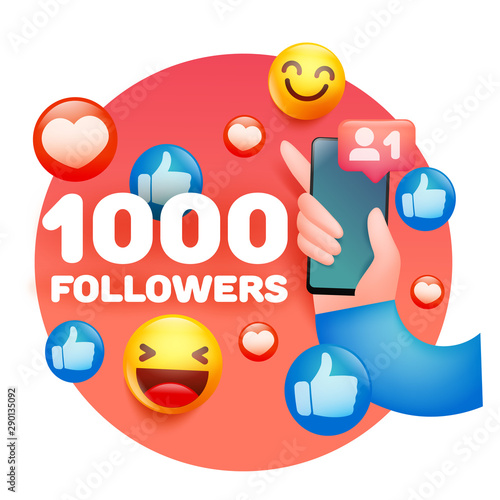 1000 Followers congratulations card template with human hand holding smartphone