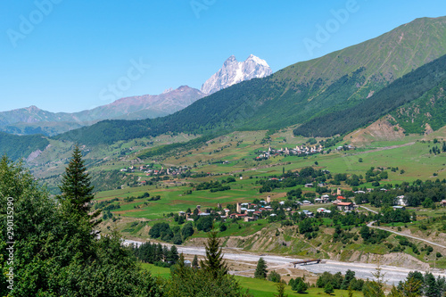 Beautiful view from Svaneti, castles in old village. Peak Ushba, Mestia, Mulakhi, Georgia.