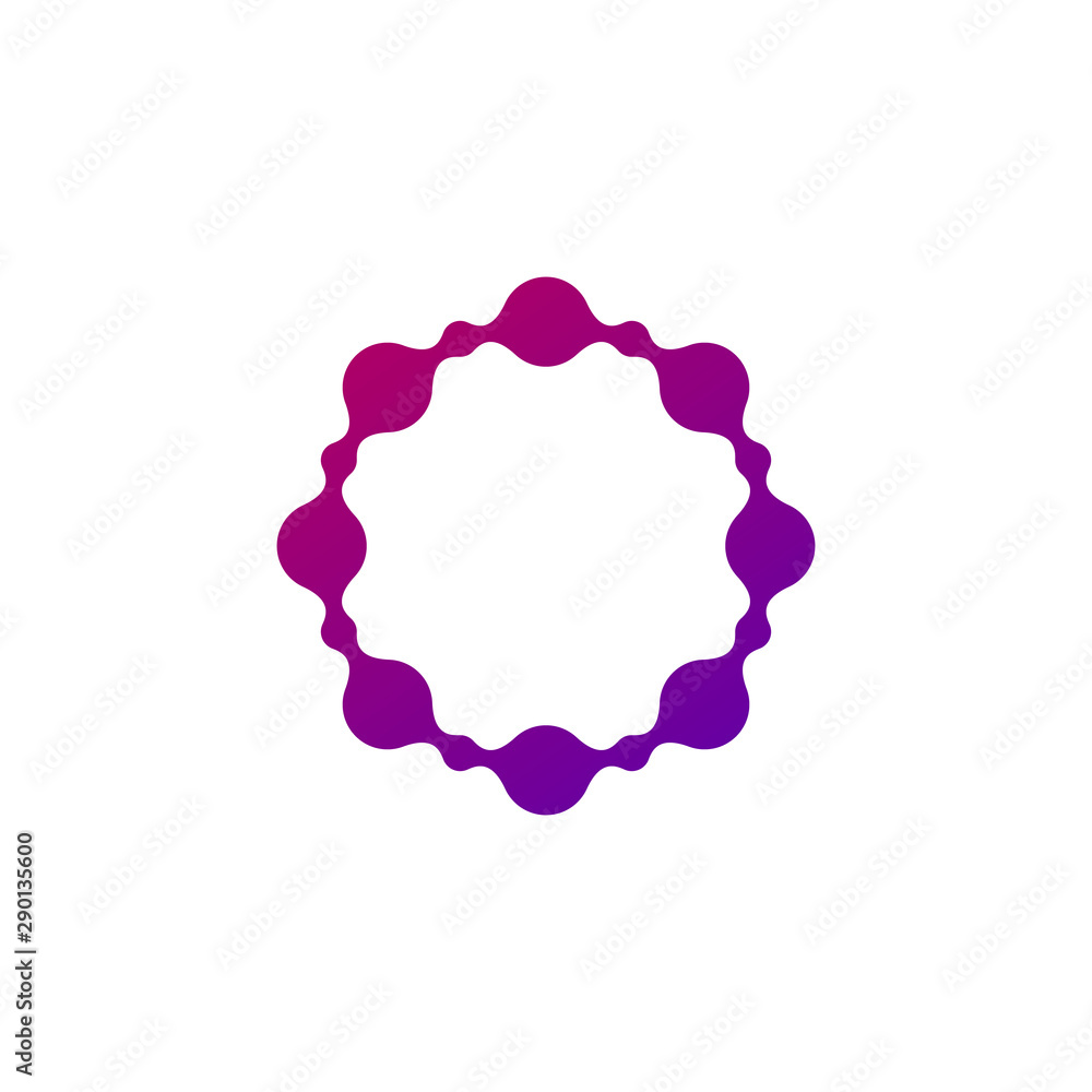 Obraz premium Abstract molecular circle logotype. Connected dots chemistry logo. Virus Sun or Flower icon. Stock vector illustration isolated on white background.