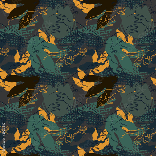 Abstract seamless vector pattern for girls, boys, clothes. Creative background with Jurassic period, dinosaur creative Funny wallpaper for textile and fabric. Fashion style. Colorful bright