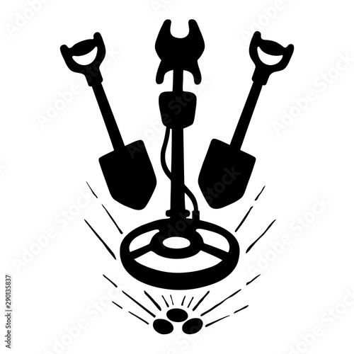 Metal detector with shovels treasure hunt emblem silhouette
