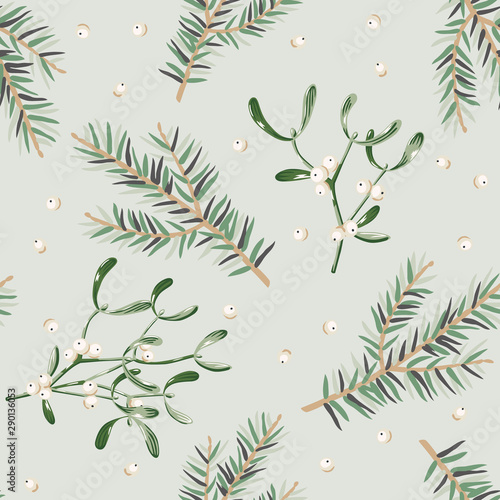 Christmas seamless pattern, mistletoe, fir background. Green leaves, berries. Vector illustration. Nature design. Season greeting. Winter Xmas holidays
