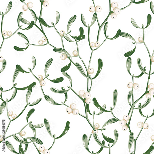 Christmas seamless pattern, mistletoe, white background. Green leaves, berries. Vector illustration. Nature design. Season greeting. Winter Xmas holidays