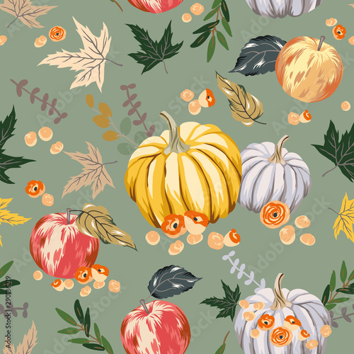 Autumn orange pumpkins, apples, leaves, green background. Vector seamless pattern. Fall season illustration. October harvest. Organic vegetable garden food. Nature design. Thanksgiving day