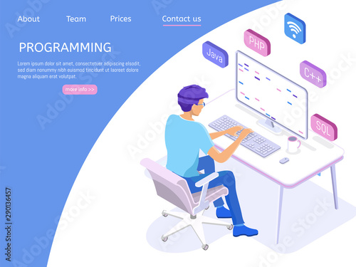 Programmer isometric character. Programming concept, web engineer at work.