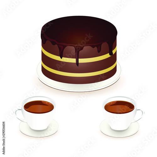 Chocolate cake two cup of coffee. White cup brown cake on white. Design element stock vector illustration for web, for print, for restaurant menu, for caffe
