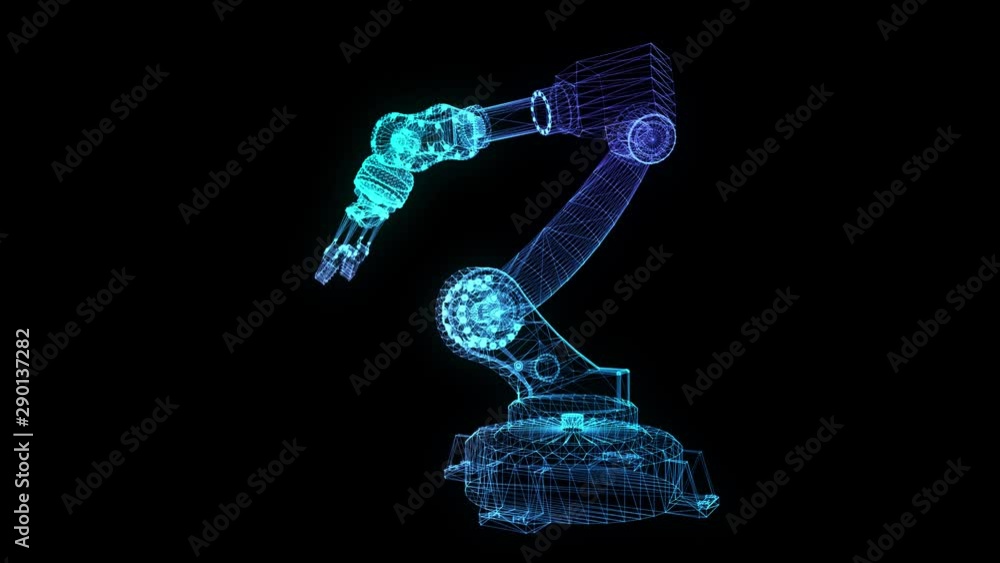 Industrial robot. Glow points and line formation of 3d robot hand. Rotating. Seamless loop 4k animation. Digital technology visualization of 3d.