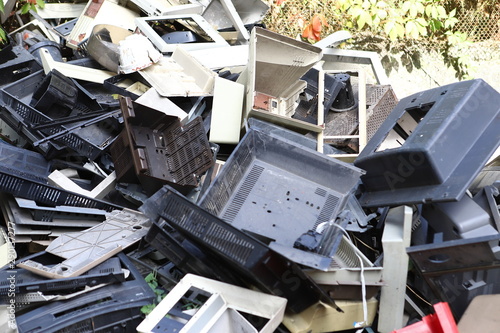 Garbage, old office equipment. Electronic waste devices consist of a monitor, a printer, a desktop computer and a fax for reuse. Plastic, copper, glass can be reused, recycled or recycled.