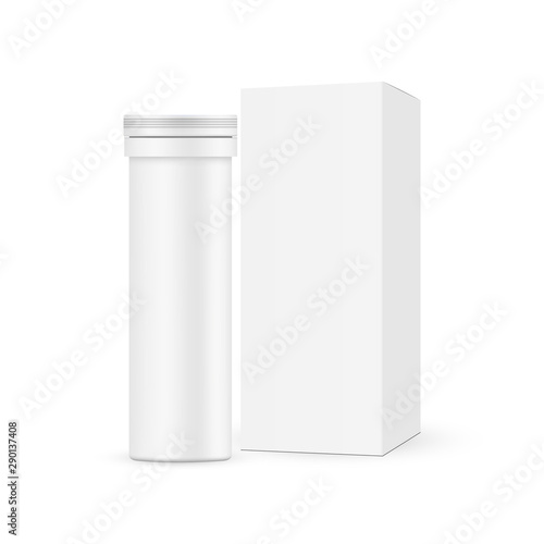 Small effervescent tablets tube with paper box mockup isolated on white background. Vector illustration