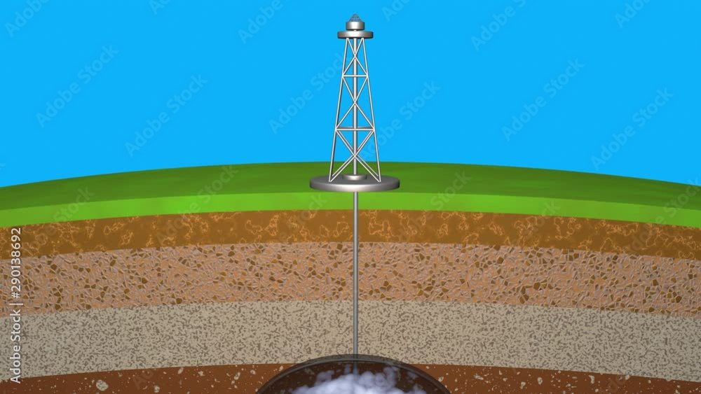 Oil Rig Earth Gas drilling rig , tower pipe going into earth , geological layers ...