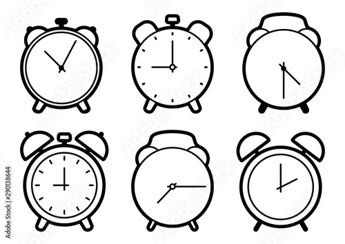 Set of alarm clock icons, black outline design. Vector illustration