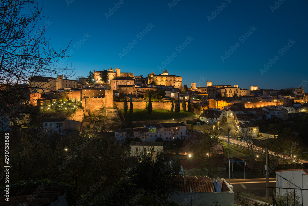 Night cityscape of the monumental city of Cáceres, UNESCO World Heritage City, Extremadura, Spain.
