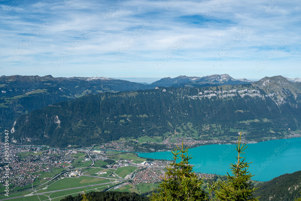 view down on Interlaken and the two lakes Thun and Brienz during the hike around Schynige Platte