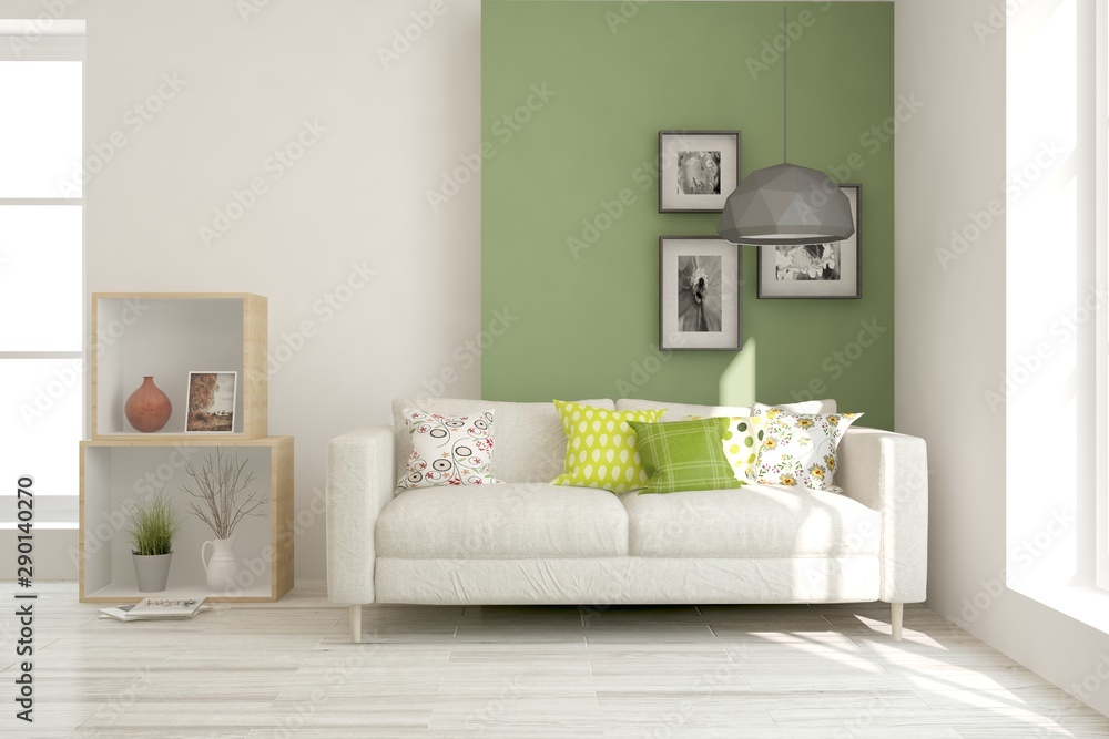 Fototapeta premium Stylish room in white color with sofa. Scandinavian interior design. 3D illustration