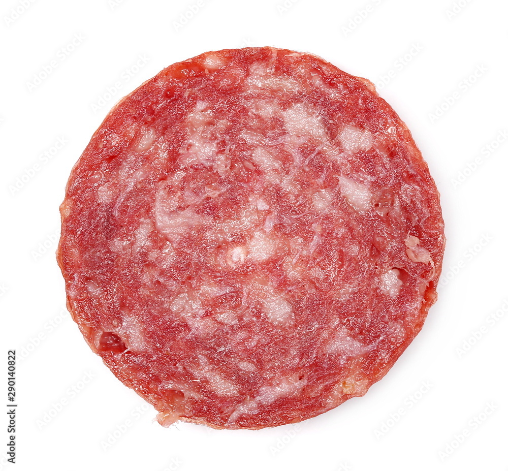 Fermented semi-dry sausage slices isolated on white background, top view Fermented semi-dry sausage slices isolated on white background, top view