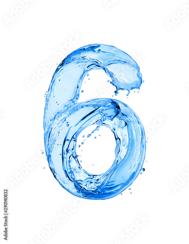 Number 6 made of water splashes, isolated on a white background
