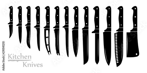 Different Types Silhouettes of Kitchen Knives. Cutlery Chef's: Meat Cleaver, Small Bread, Carving, Banning, Paring, Steak, Bread. Collection of Kitchenware Knives for various Purposes.