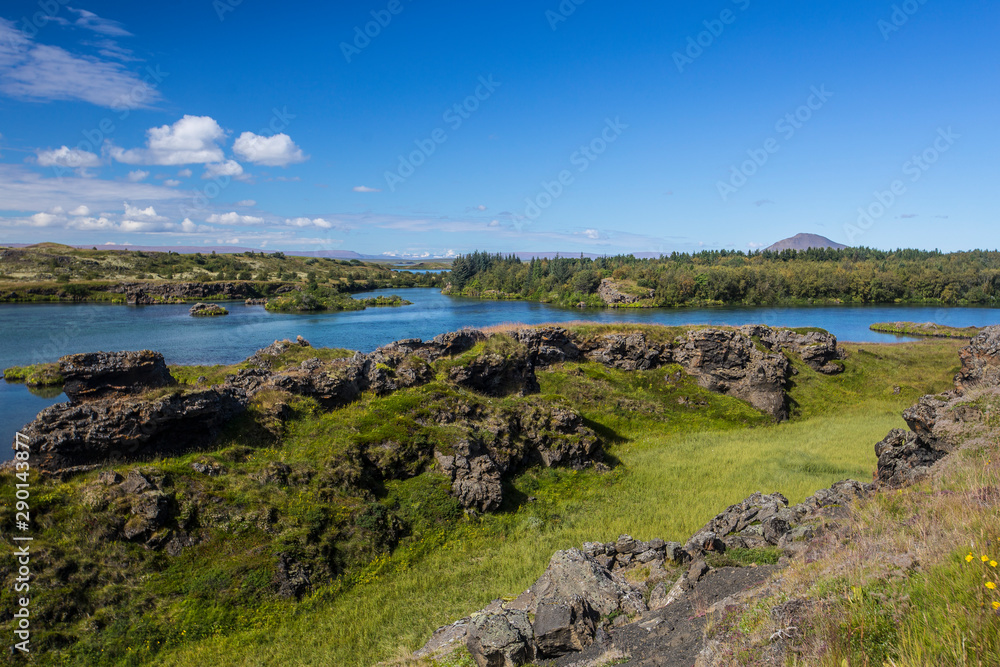 The beautiful lake of Myvatn and its green surroundings, Iceland