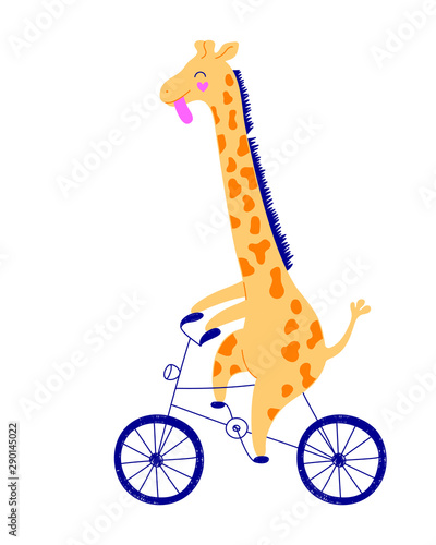 Cheerful yellow giraffe is racing on a bicycle. Hand-drawn illustration, child character on a white background.