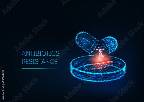 Antibiotics resistance concept. Futuristic low polygonal antibiotics pills, bacteria on Petri dish. photo