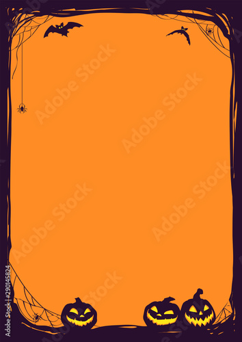 Halloween night frame with bats and Jack O' Lanterns. Vector poster illustration.