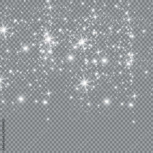 Dust white. White sparks and golden stars shine with special light. sparkles on a transparent background. Christmas abstract pattern. Sparkling magical dust particles.