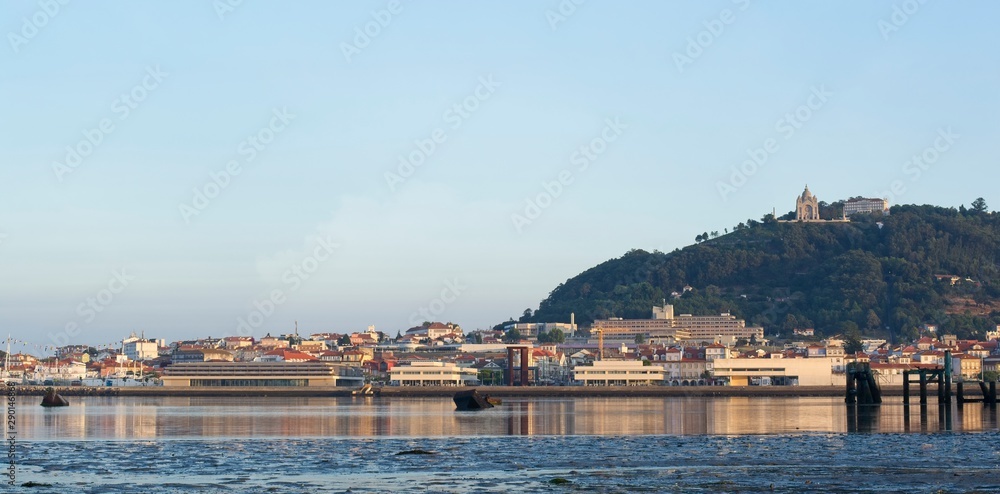 City of Viana do Castelo, northern Portugal. Sunrise time. View of the river Lima, Santa Luzia and hospital ship Gil Eanes