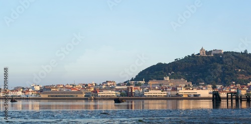 City of Viana do Castelo, northern Portugal. Sunrise time. View of the river Lima, Santa Luzia and hospital ship Gil Eanes