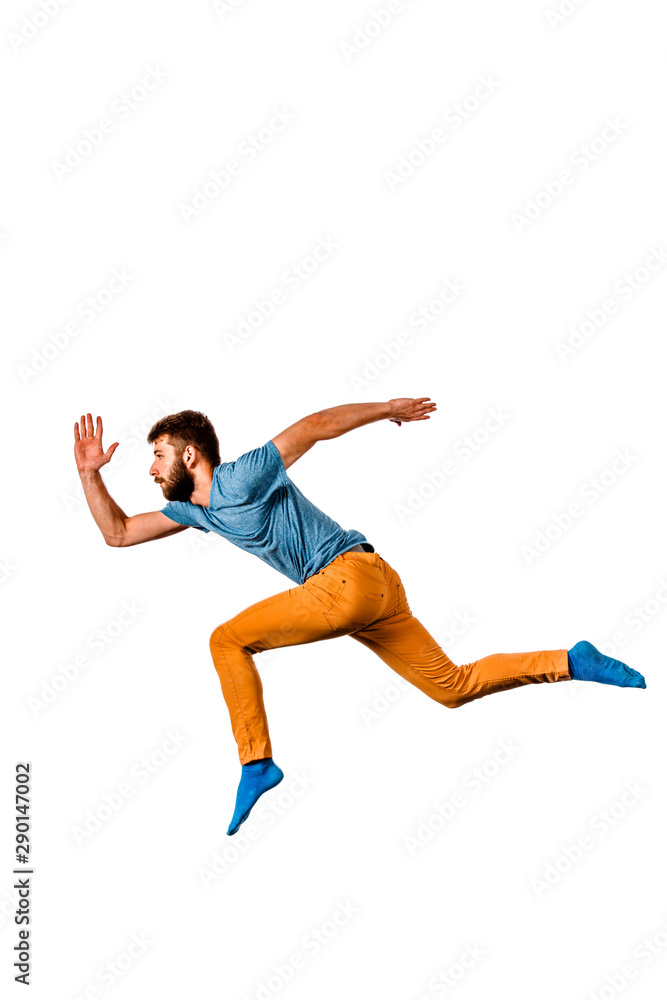 Dancing Caucasian man over white background