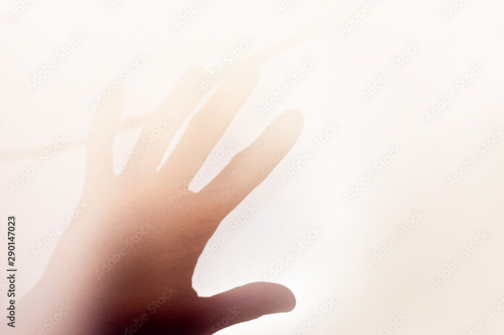 Man hand in white foggy light. Abstract horizontal background. Concept art for graphic design projects, posters, banners and social media. - obrazy, fototapety, plakaty 
