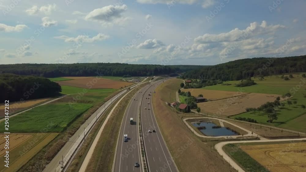 Aerial view of Highway A8 on the swabian alp between Ulm and Merklingen with construction works of the Stuttgart21 railway project Aerial view of Highway A8 on the swabian alp between Ulm and Merklingen with construction works of the Stuttgart21 railway project