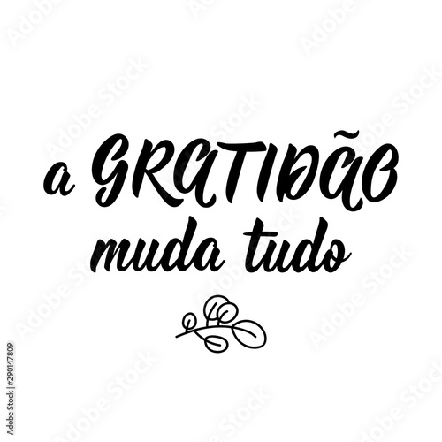 Gratitude changes everything in Portuguese. Ink illustration with hand-drawn lettering.