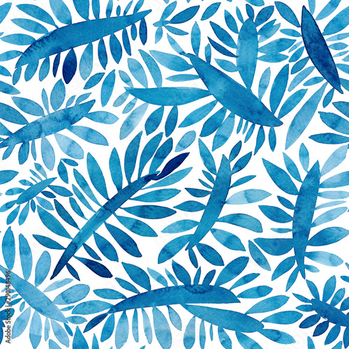 Blue leaves watercolor texture seamless pattern. Floral background. Colorful painted organic and nature pattern.