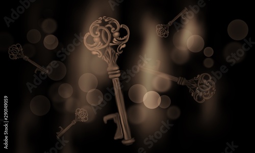 Vintage key on abstract bokeh background. Magic background with an object in the center, neon light, lens flare, dark background with bokeh.