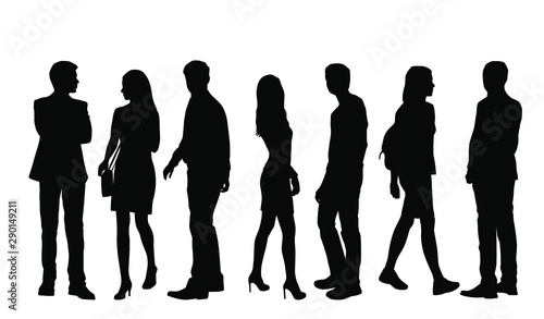 Vector silhouettes of  men and a women  a group of standing business people  black color isolated on white background
