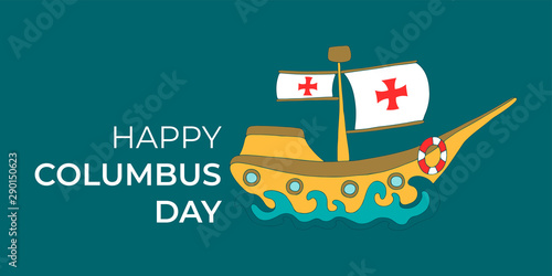 Sailing ship with white sail and red cross on the blue sea waves. Happy Columbus Day design element. Vintage color caravel Santa Maria vector illustration on ocean background.