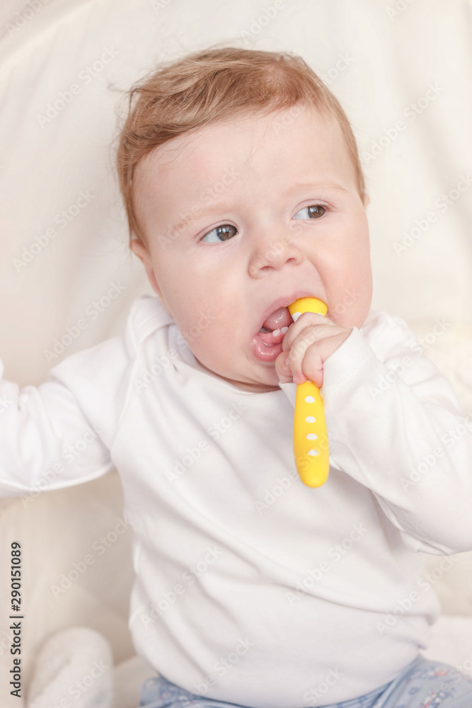 Portrait of joyfil, happiness baby in the bedroom, indoors
