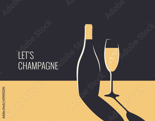 Champagne bottle banner. Glass on gold and black