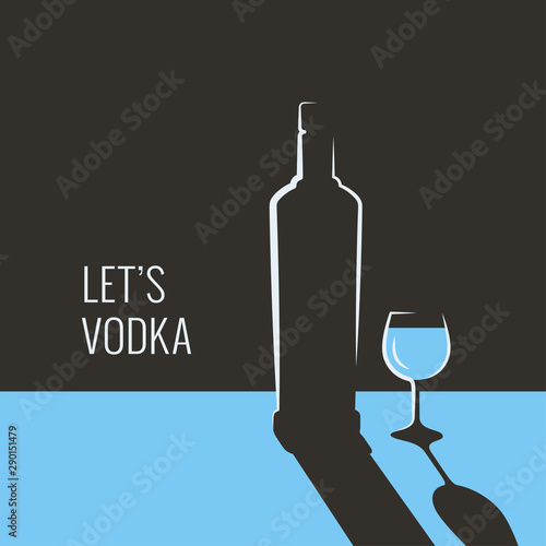 Vodka bottle banner. Glass of vodka on blue