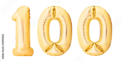 Number 100 one hundred made of golden inflatable balloons isolated on white background. Helium balloons 100 one hundred number