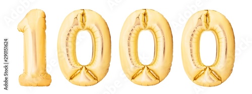 Number 1000 one thousand made of golden inflatable balloons isolated on white background. Helium balloons 1000 one thousand number
