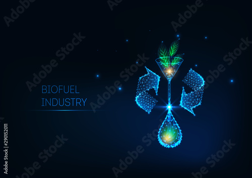 Futuristic biofuel industry concept with glowing low polygonal green leaves, funnel, and oil drop.