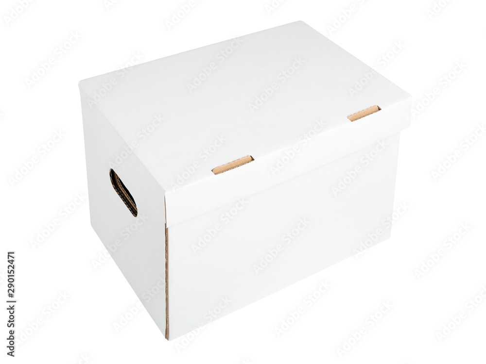 White box isolated on a white background. High angle view of blank white cardboard box isolated on white background. Branding identity template White box isolated on a white background. High angle view of blank white cardboard box isolated on white background. Branding identity template