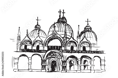 Rysynek ręcznie rysowany. Widok na kościół śiwętego Marka w Wenecji