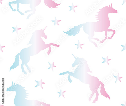 Vector seamless pattern of holographic unicorn silhouette isolated on white background